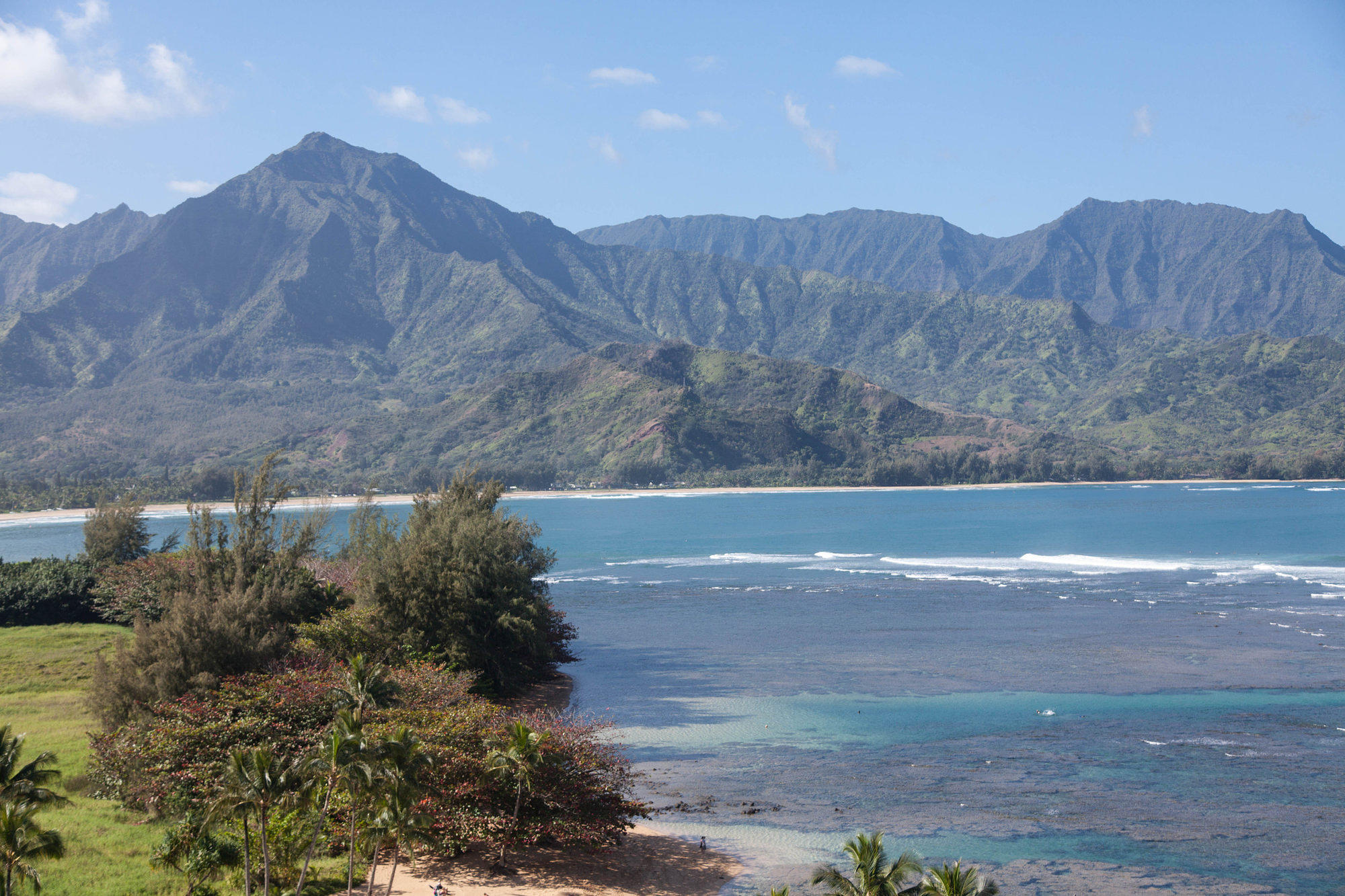 The view over Hanalei Bay and mountains from the Princeville Resort