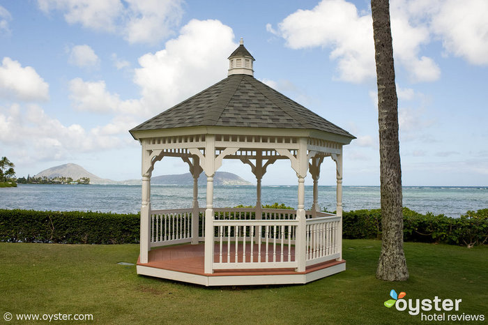 The Diamond Head Gazebo ceremony location at The Kahala Hotel fits up to 150 people.