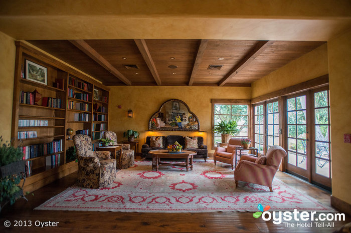 The cozy lobby is the perfect representation of rustic-luxe decor, with vaulted, beamed ceilings and a fireplace.