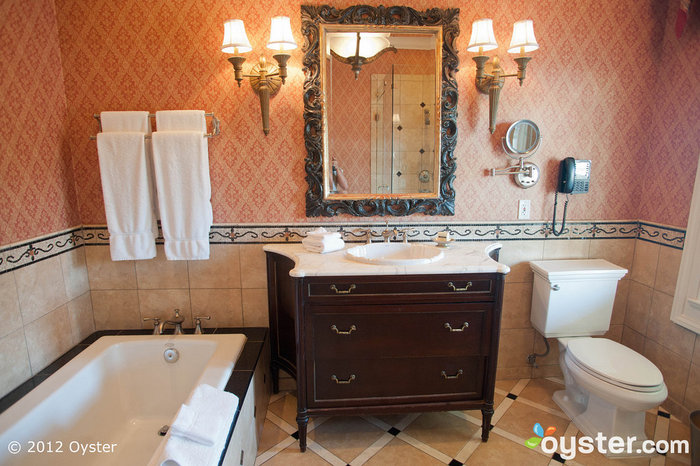 The bathroom in the Governor's Chamber features a deep soaking tub in addition to a walk-in shower. 