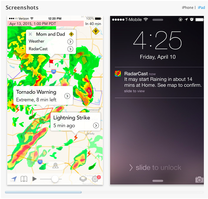 Screenshot dell'applicazione meteo RadarCast