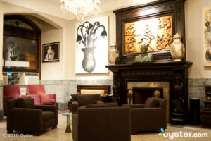 Artwork from hotel residents hangs in the lobby at Hotel Chelsea.