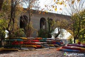 Canoes and kayaks along the water