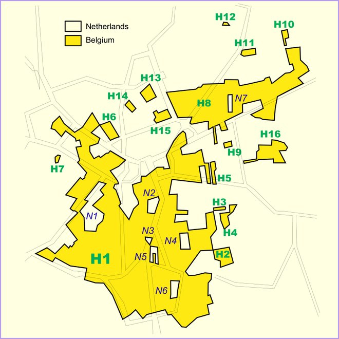 Um mapa de Baarle-Hertog / Baarle-Nassau. Cortesia de  Wikimedia / Tos