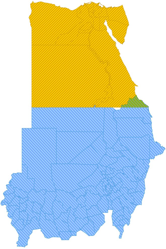 Egipto es amarillo, Sudán es azul, Bir Tawil es blanco y el Triángulo Hala'ib es verde. Cortesía de  Wikimedia / Cmglee