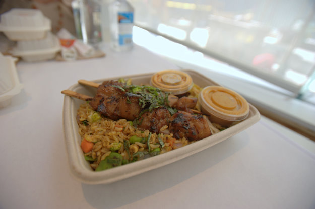 Vegetable fried rice with grilled chicken skewers from RedFarm Stand ($9.50)