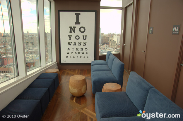 Jimmy rooftop bar at The James New York. (Don't read the eye test artwork too closely.)