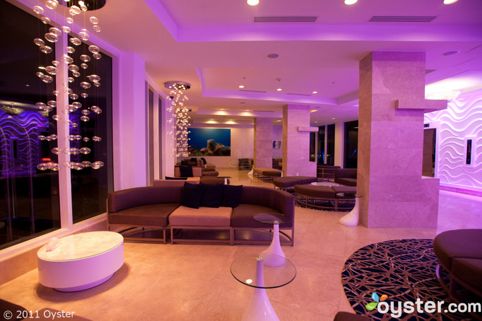 The lobby at B Ocean as the pink and purple lights rotate in