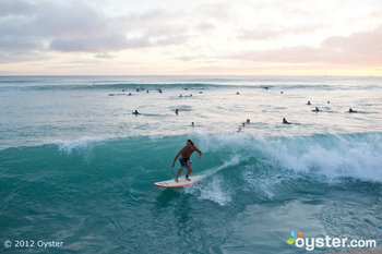 Surfer sur la plage de Wakiki; Oahu, HI