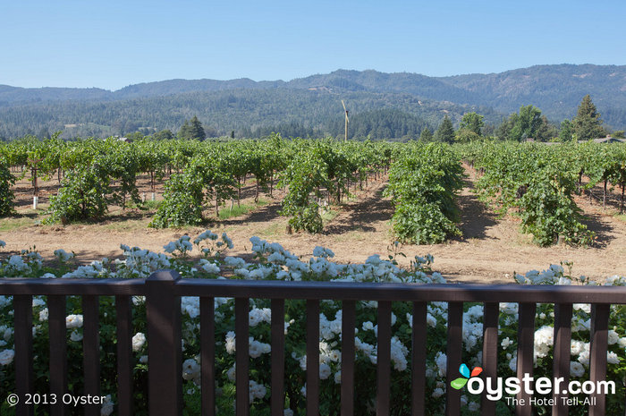 Some rooms at the Harvest Inn boast great views of the nearby vineyard and mountains.