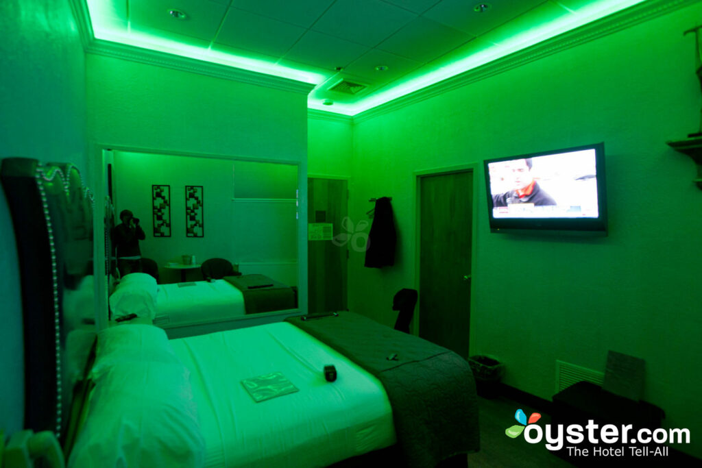 Green-lit room at the Liberty Inn
