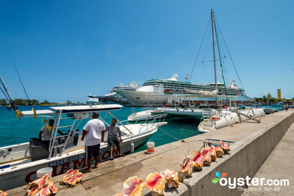 Conch shells and cruise ships at Nassau's Prince George Wharf.