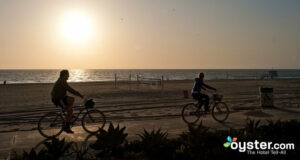 Bikers enjoy a sunset ride along Manhattan Beach in L.A.