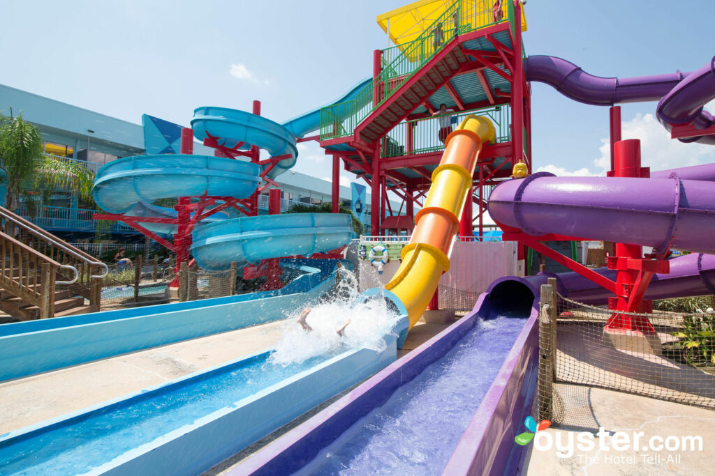 The Waterslides and Lazy River at the Flamingo Waterpark Resort