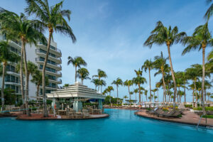 View from the pool at the Aruba Marriott Resort & Stellaris Casino, Palm-Eagle Beach, Aruba.