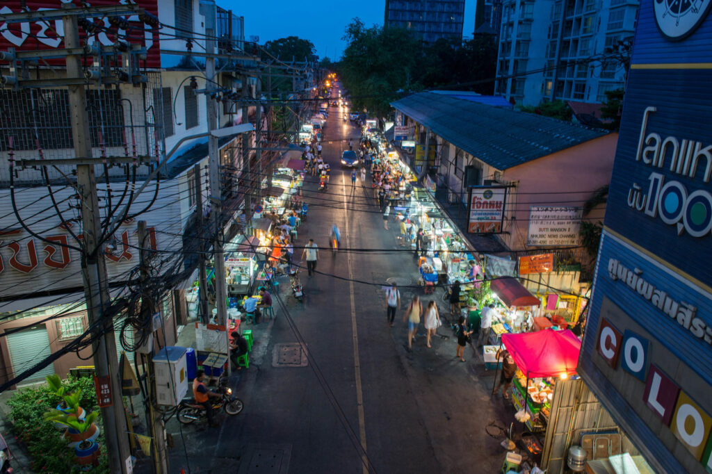 Street scene at night in Bangkok, Thailand