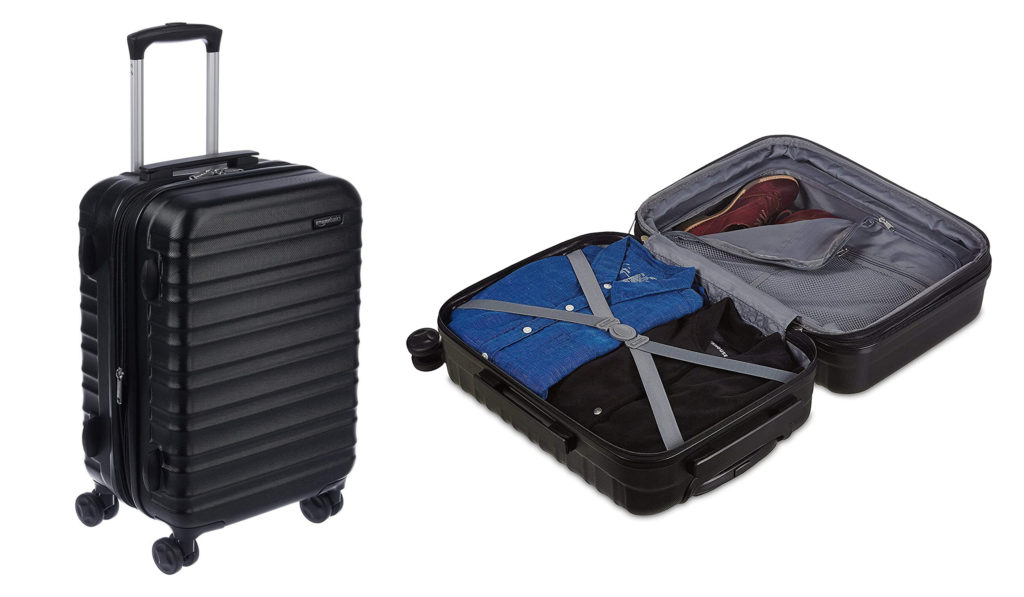 AmazonBasics Hardside Spinner Suitcase standing upright (left) and the AmazonBasics Hardside Spinner Suitcase laying open with clothes inside (right)