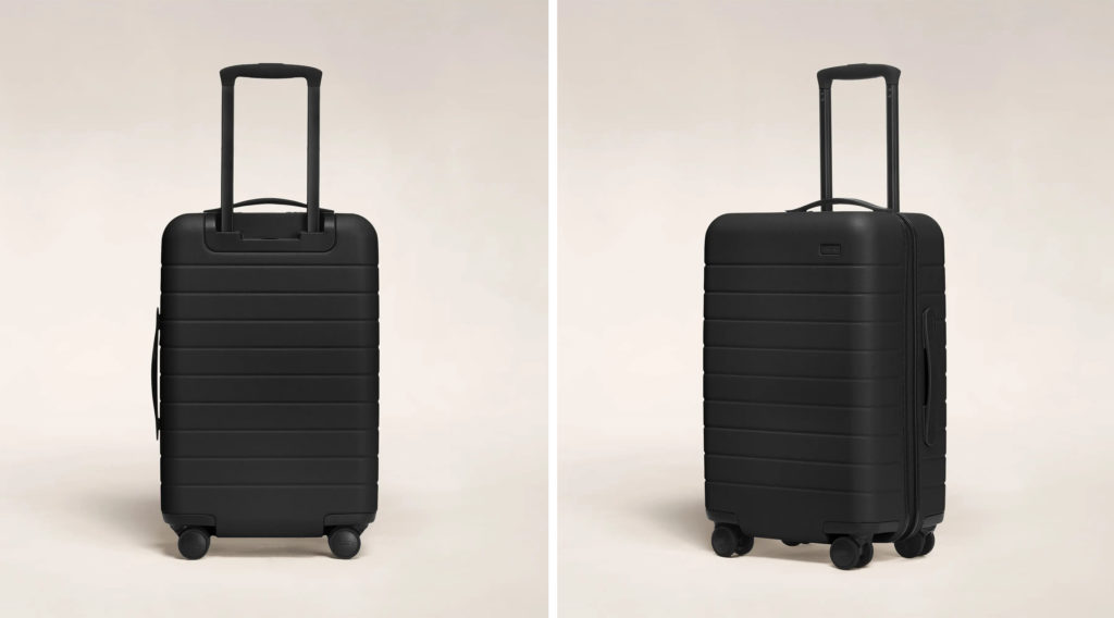 Two views of the The Away Carry-On in black on a tan backdrop