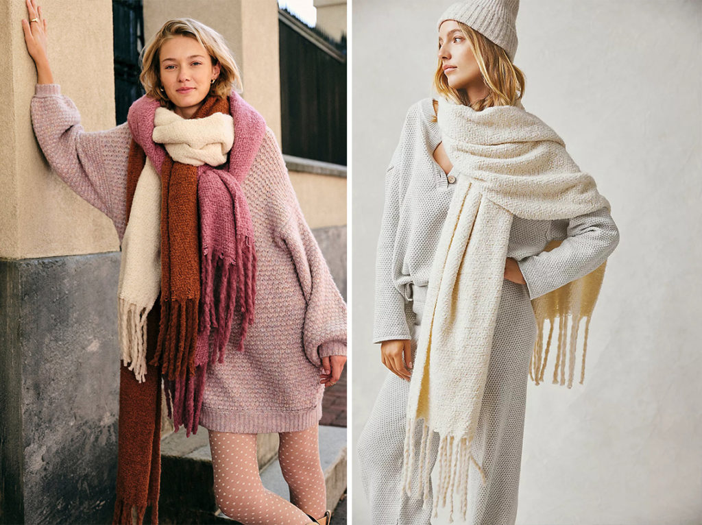 Models wearing multiple colors of the Free People Shetland Recycled Blend Fringe Scarf