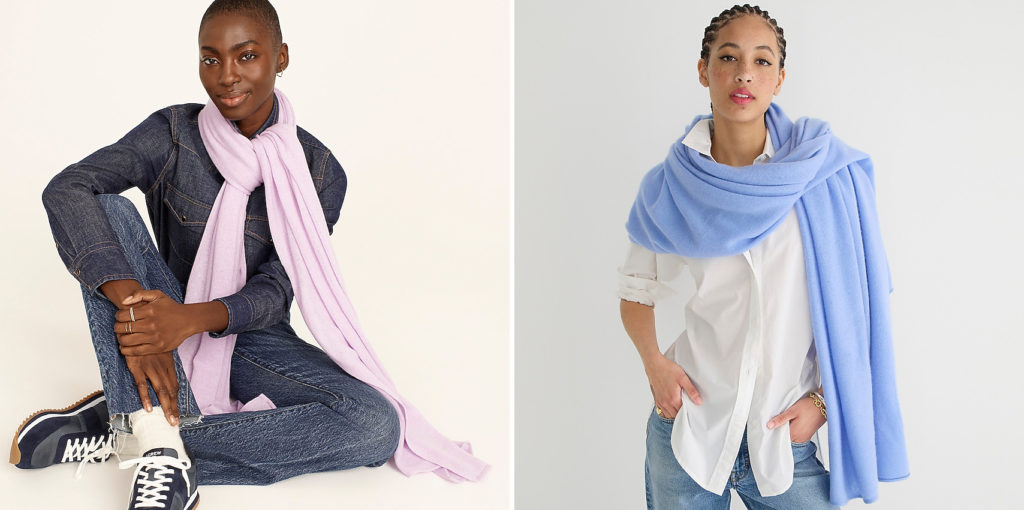 Models wearing two colors of the J.Crew Oversized Cashmere Wrap