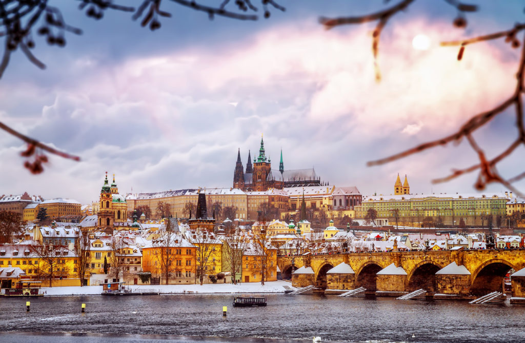 Prague in the winter with snow