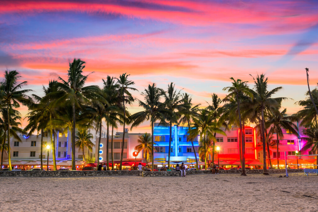 Colorful street in Miami at sunset