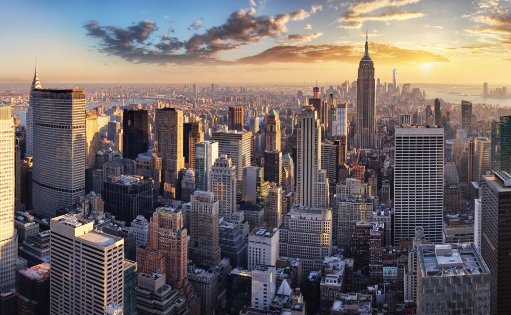 Aerial view of downtown New York City at sunset