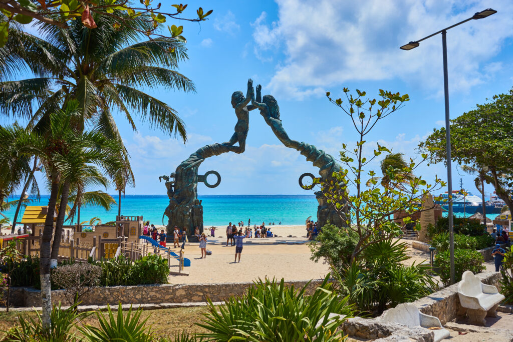 Mermaid statues at public beach in Playa del Carmen, Mexico