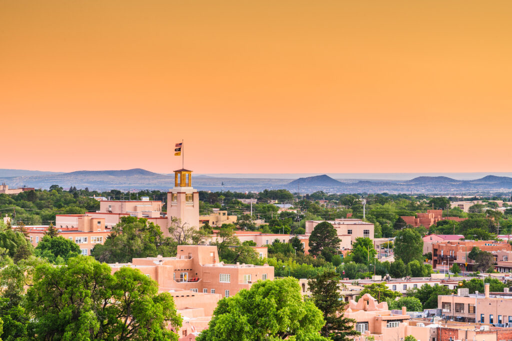 Low-rise buildings in Santa Fe, New Mexico at sunset