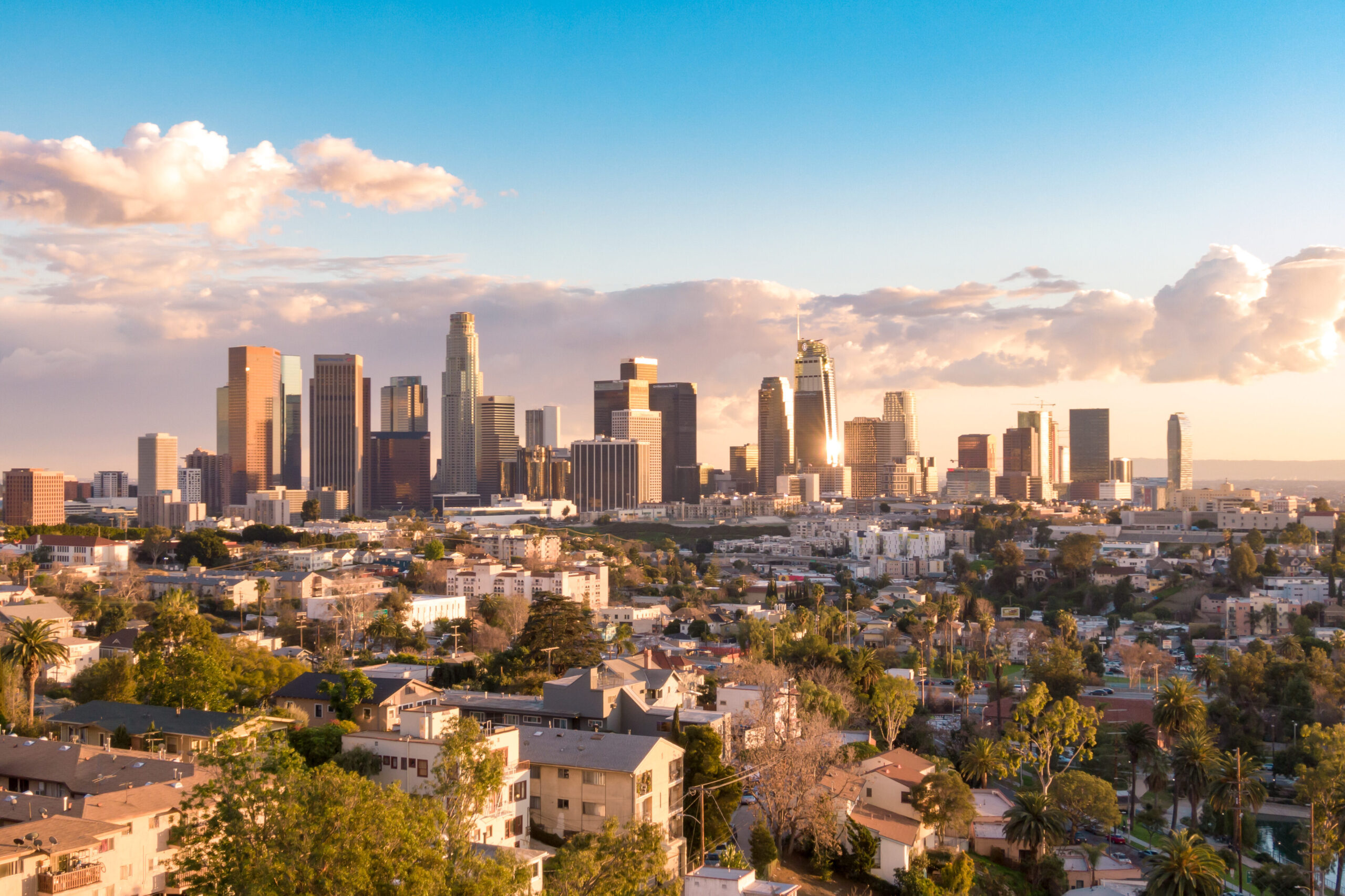 Skyline of Los Angeles, California at dusk on a relatively clear day