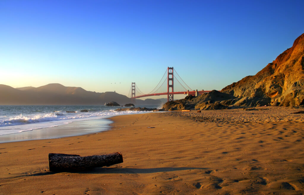 Baker Beach, San Francisco with views of the Golden Gate Bridge in the distance