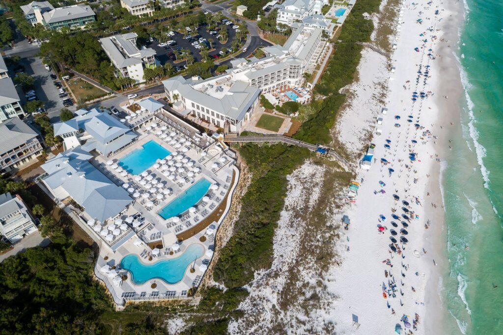 Aerial view of the coastline near the WaterColor Inn in Seaside, Florida