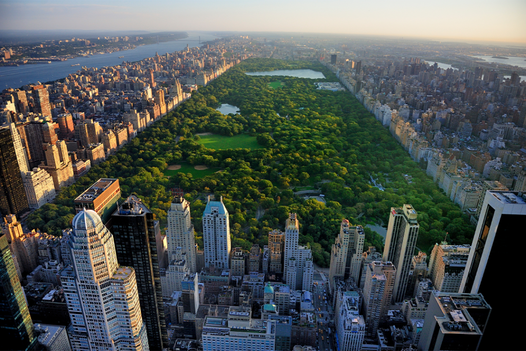 Central Park aerial view, Manhattan, New York; Park is surrounded