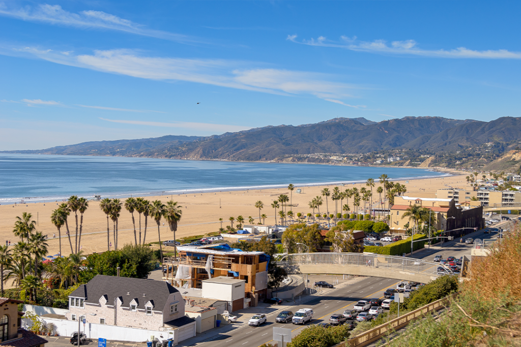 View of Santa Monica beach and Pacific Coast highway in southern California.