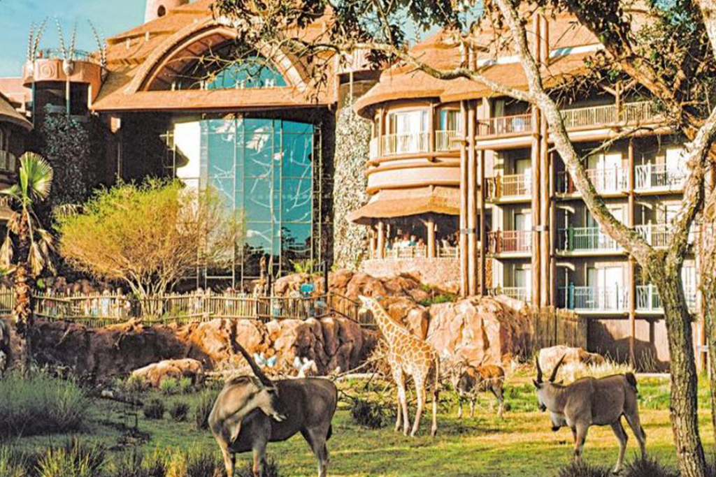 View of the Disney's Animal Kingdom Lodge with roaming animals outside