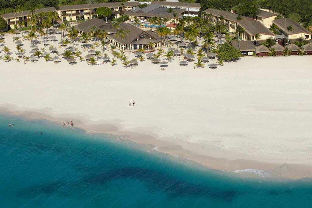 Aerial view of the Manchebo Beach Resort and Spa looking from over the ocean