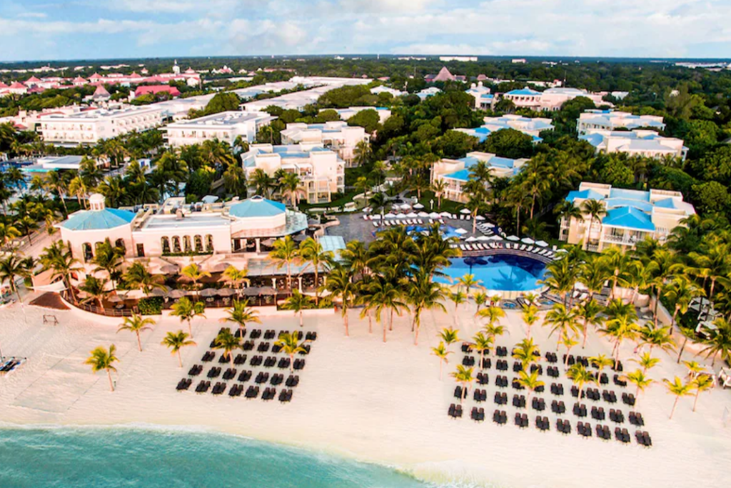 Aerial view from the ocean of the Royal Hideaway Playacar All Inclusive - Adults only