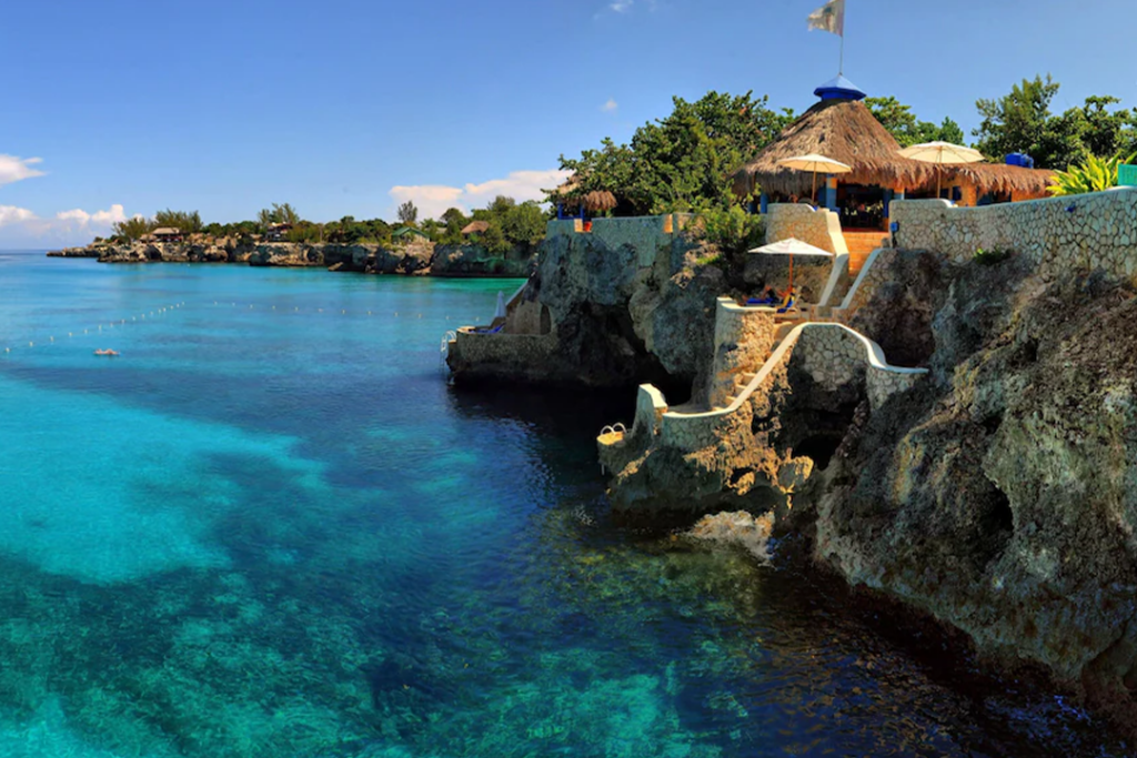 View of The Caves resort from the ocean.