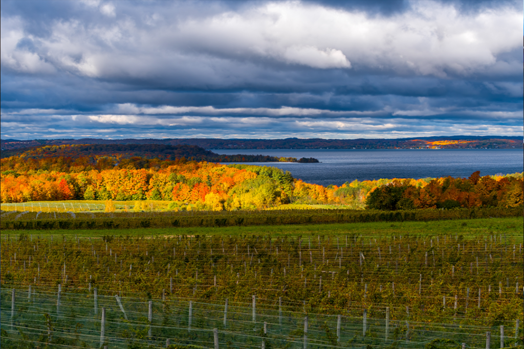 West Arm of Grand Traverse Bay from high overlook of Old Mission Peninsula in the fall.