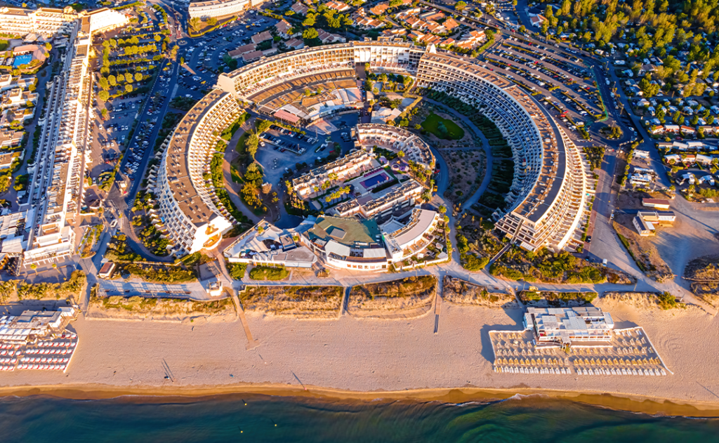 Aerial view of Cap d'Agde a seaside resort and naturist village on France's Mediterranean coast, Europe
