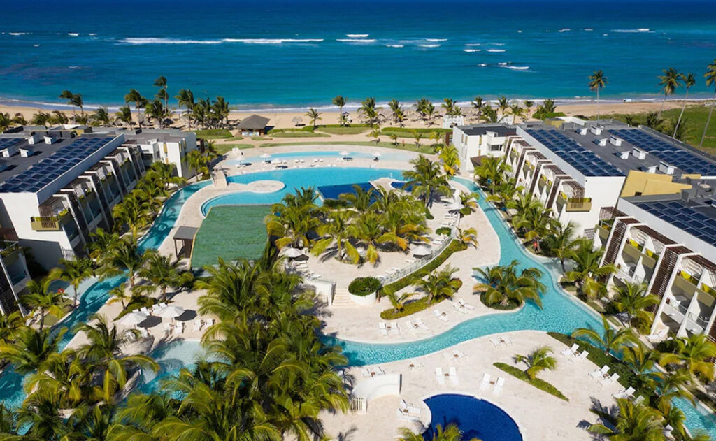 Aerial view of the pools and beach at the Dreams Onyx Resort & Spa