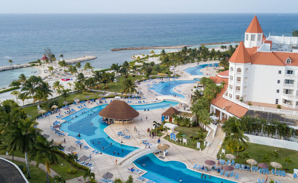 Aerial view of Grand Bahia Principe Jamaica overlooking the pools and the ocean