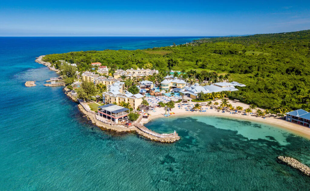 Aerial view of the Jewel Paradise Cove Adult Beach Resort & Spa from over the ocean
