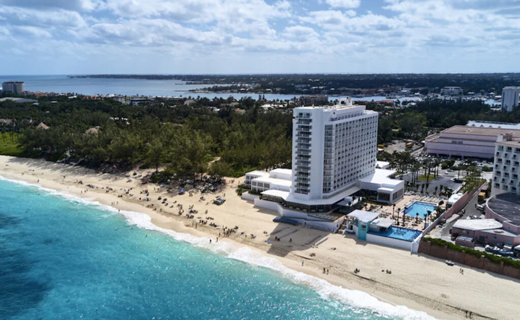 Aerial view of the Riu Palace Paradise Island from over the ocean