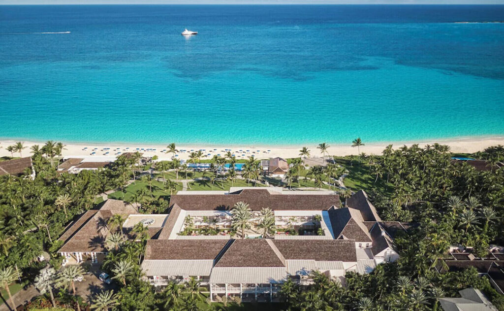 Aerial view of The Ocean Club, A Four Seasons Resort towards the beach and ocean.