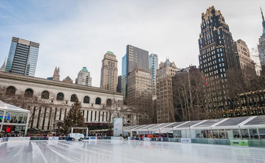 People ice skating in Bryant Park, New York, United States.