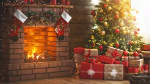 interior christmas. magic glowing tree, fireplace, gifts