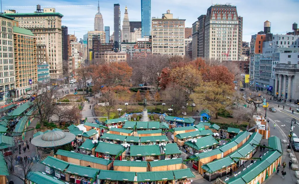 NEW YORK CITY - DECEMBER 6, 2018: Market along Union Square, aerial view