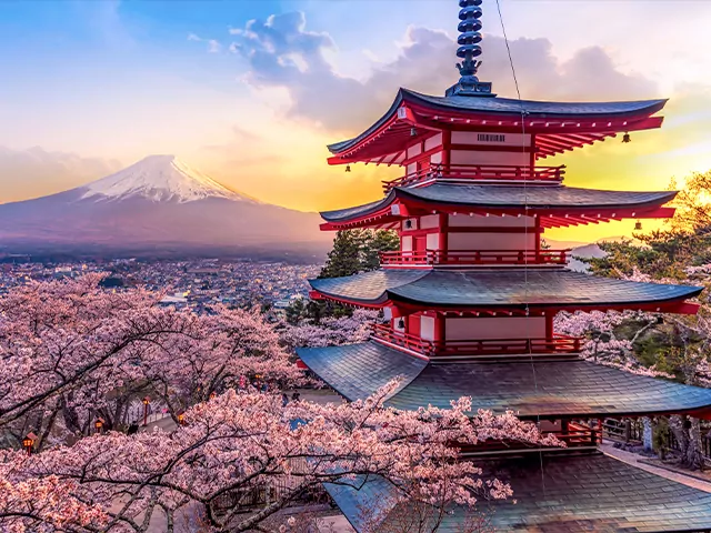 Fujiyoshida, Japan Beautiful view of mountain Fuji and Chureito pagoda at sunset, japan in the spring with cherry blossoms