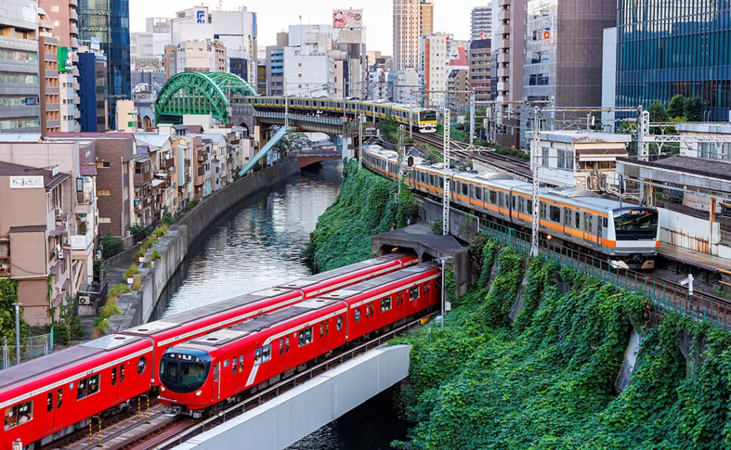 Public transport in Tokyo with metro trains and commuter railways of Japan Rail JR in Tokyo, Japan